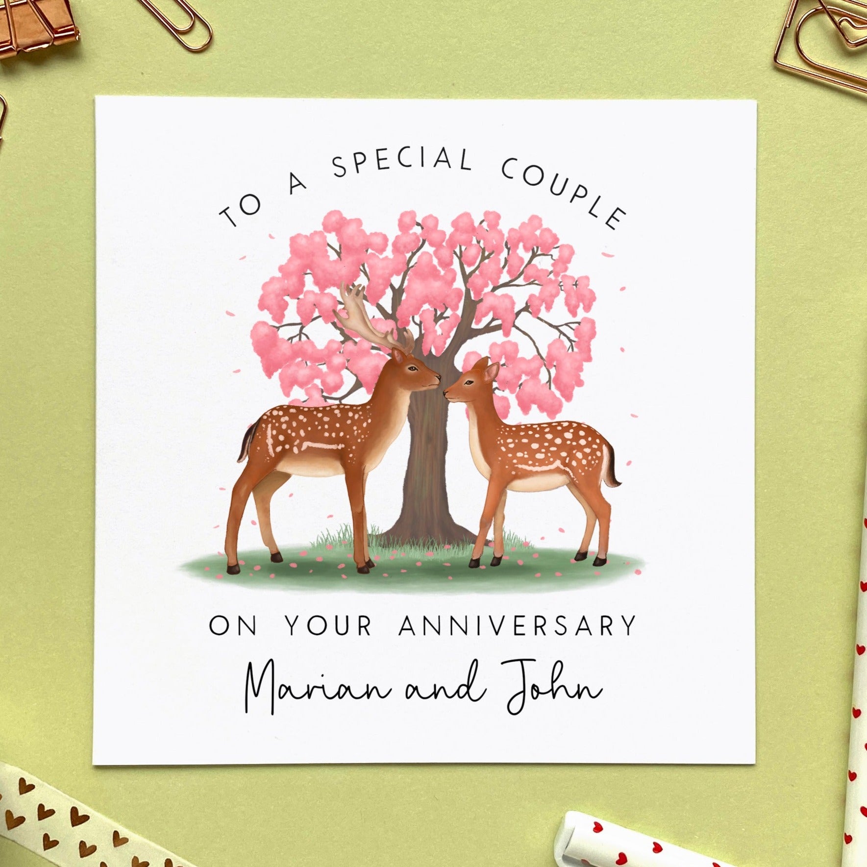 personalised deer anniversary card for couple - to a special couple, friends, family, mum and dad, parents, daughter and husband, son and wife, girlfriend, boyfriend, first, 1st, paper