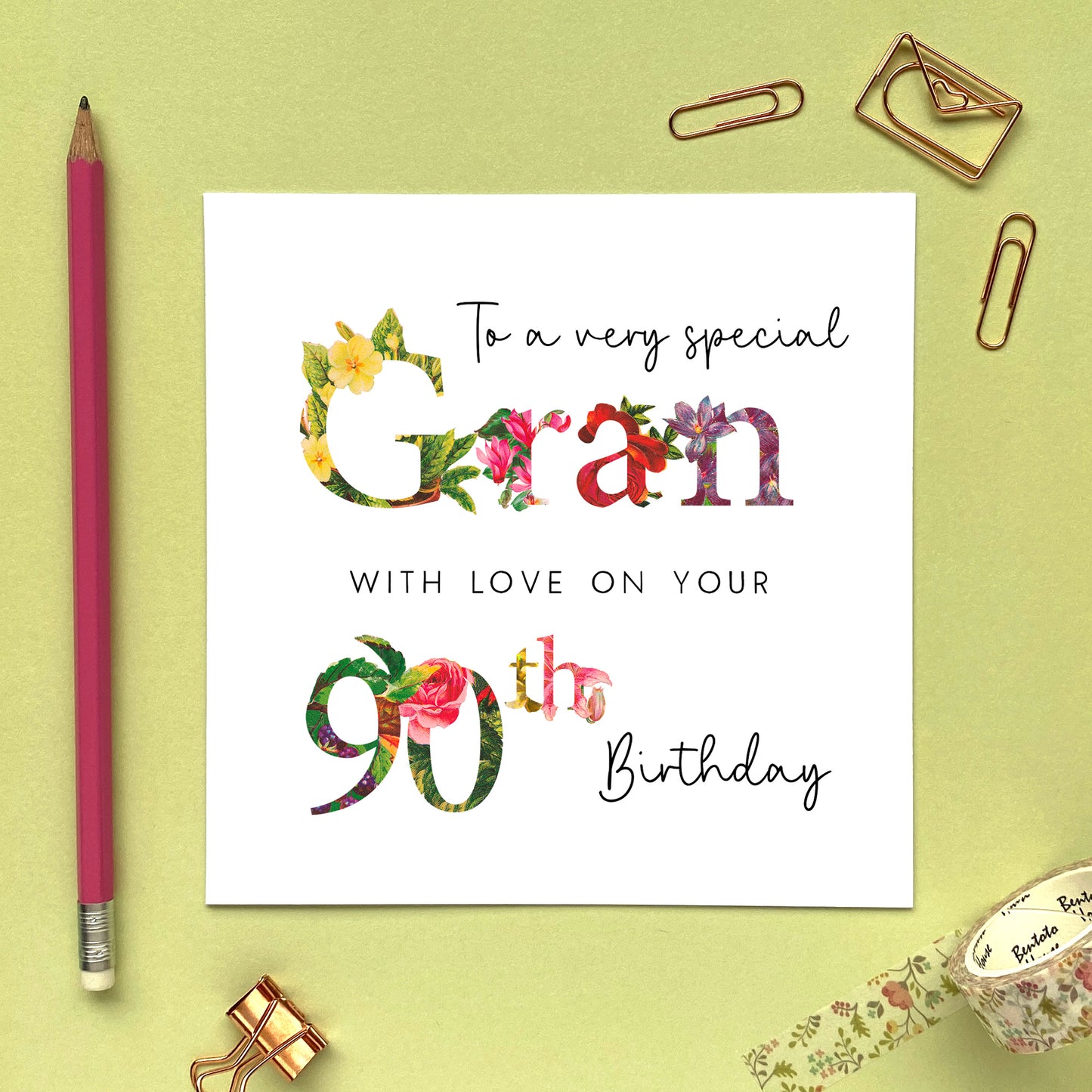 Floral 90th Birthday Card for Grandmother