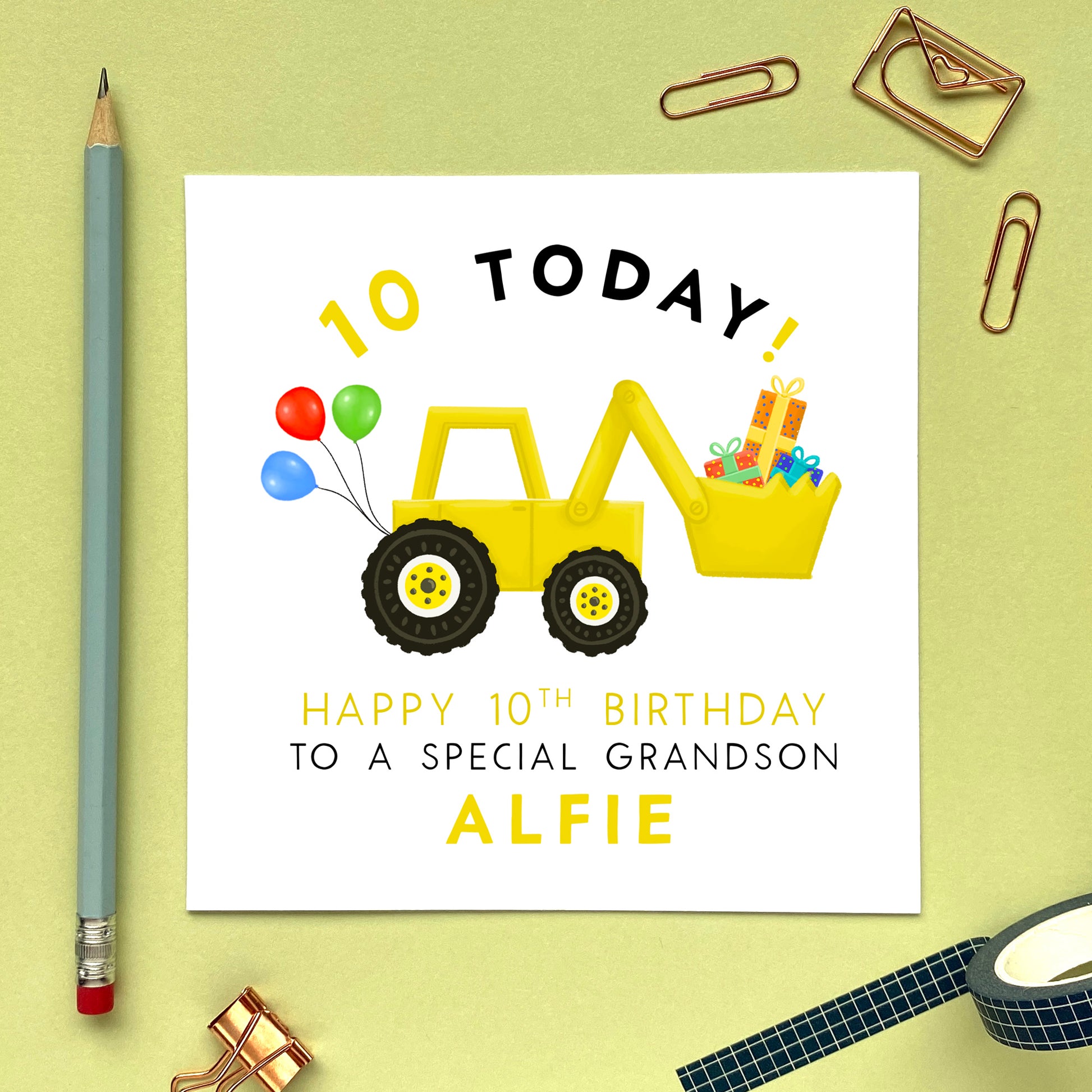 personalised yellow digger children's 10th birthday card for son grandson nephew boy