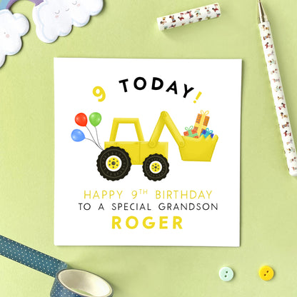 personalised yellow digger 9th birthday card for son grandson nephew cousin boy children kids