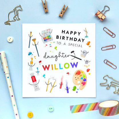 personalised art themed birthday card for her - artist, crafts, painter - to a special daughter, granddaughter, niece, sister, kids, children, teenager - 10th, 13th, 16th, 18th