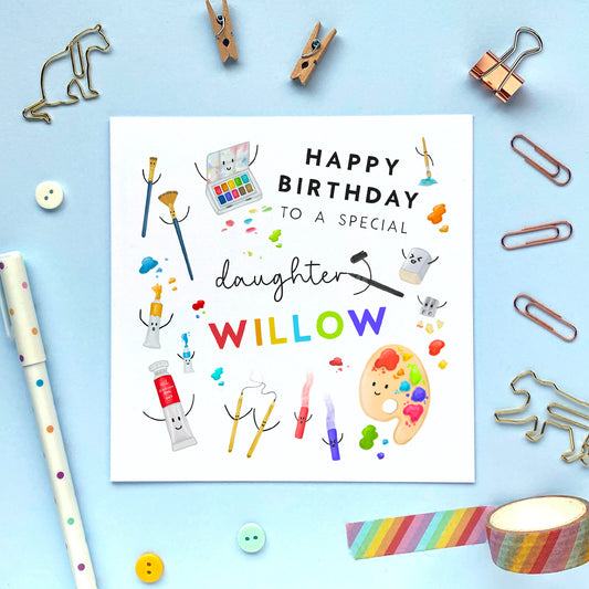 personalised art themed birthday card for her - artist, crafts, painter - to a special daughter, granddaughter, niece, sister, kids, children, teenager - 10th, 13th, 16th, 18th