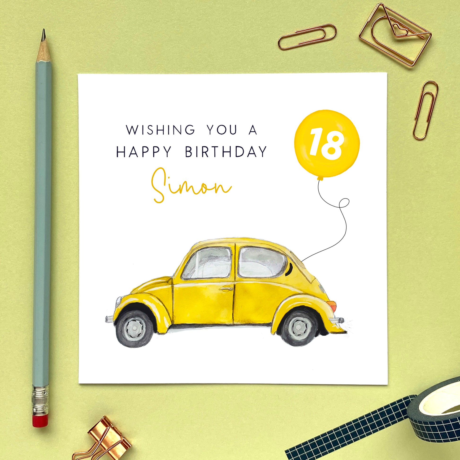 personalised classic beetle car birthday card - for him, son, grandson, nephew, brother, son in law, brother in law, dad, grandad, grandpa, man, husband, fiance, boyfriend - 16th 18th 21st 30th 40th 50th 60th 70th