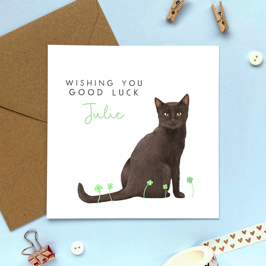 personalised black cat good luck card - wishing you good luck - new job card - for him, her, son, daughter, grandson, granddaughter, niece, nephew - special, handmade, unique