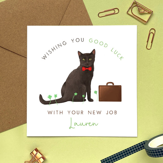 personalised black cat good luck with your new job card - good luck card for him, her, friend, son, daughter, grandson, granddaughter, niece, nephew - unique, special, name