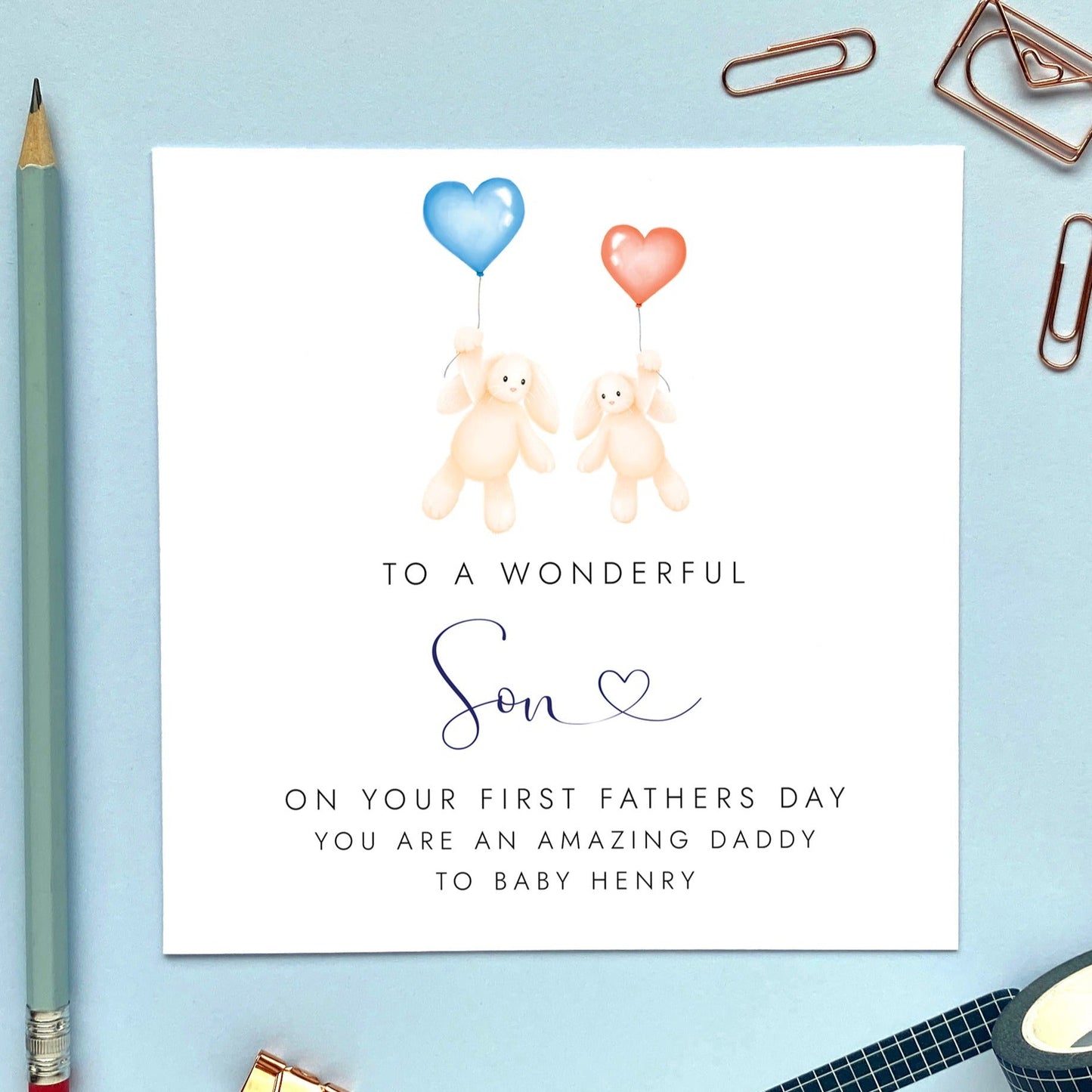 personalised bunny first fathers day card for son - son in law, husband, partner, him, brother, brother in law, nephew, from bump, baby, son, daughter, fathers day card for new dad, new daddy, 1st fathers day, boyfriend, fiance