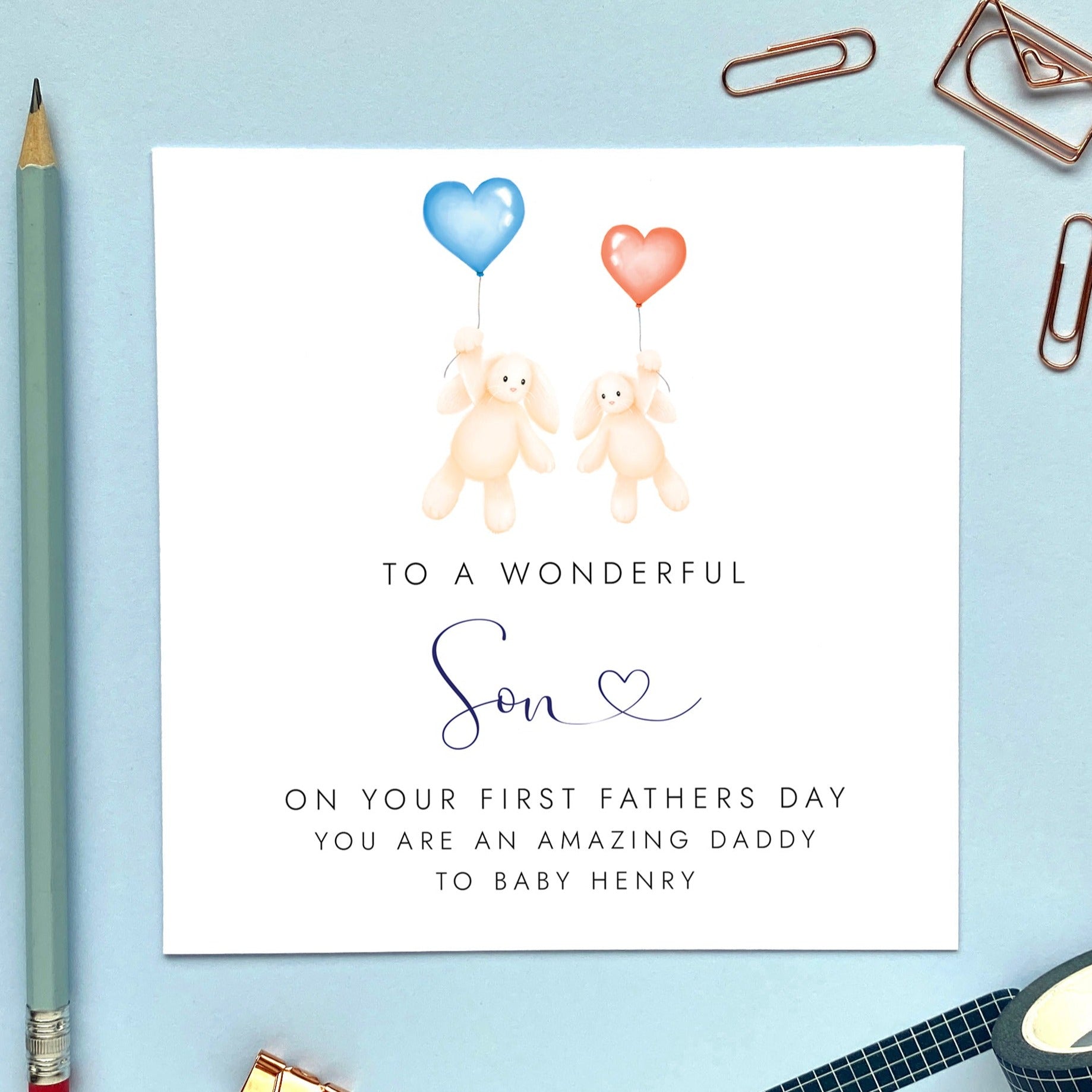 personalised bunny first fathers day card for son - son in law, husband, partner, him, brother, brother in law, nephew, from bump, baby, son, daughter, fathers day card for new dad, new daddy, 1st fathers day, boyfriend, fiance