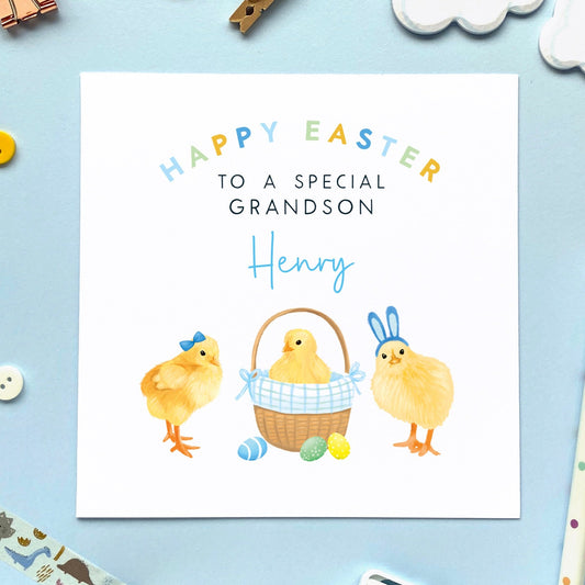 personalised chicks easter card for boy - baby's first easter card, easter card for   son, grandson, nephew, brother, cousin, children, child, baby, godson, boys, little boy