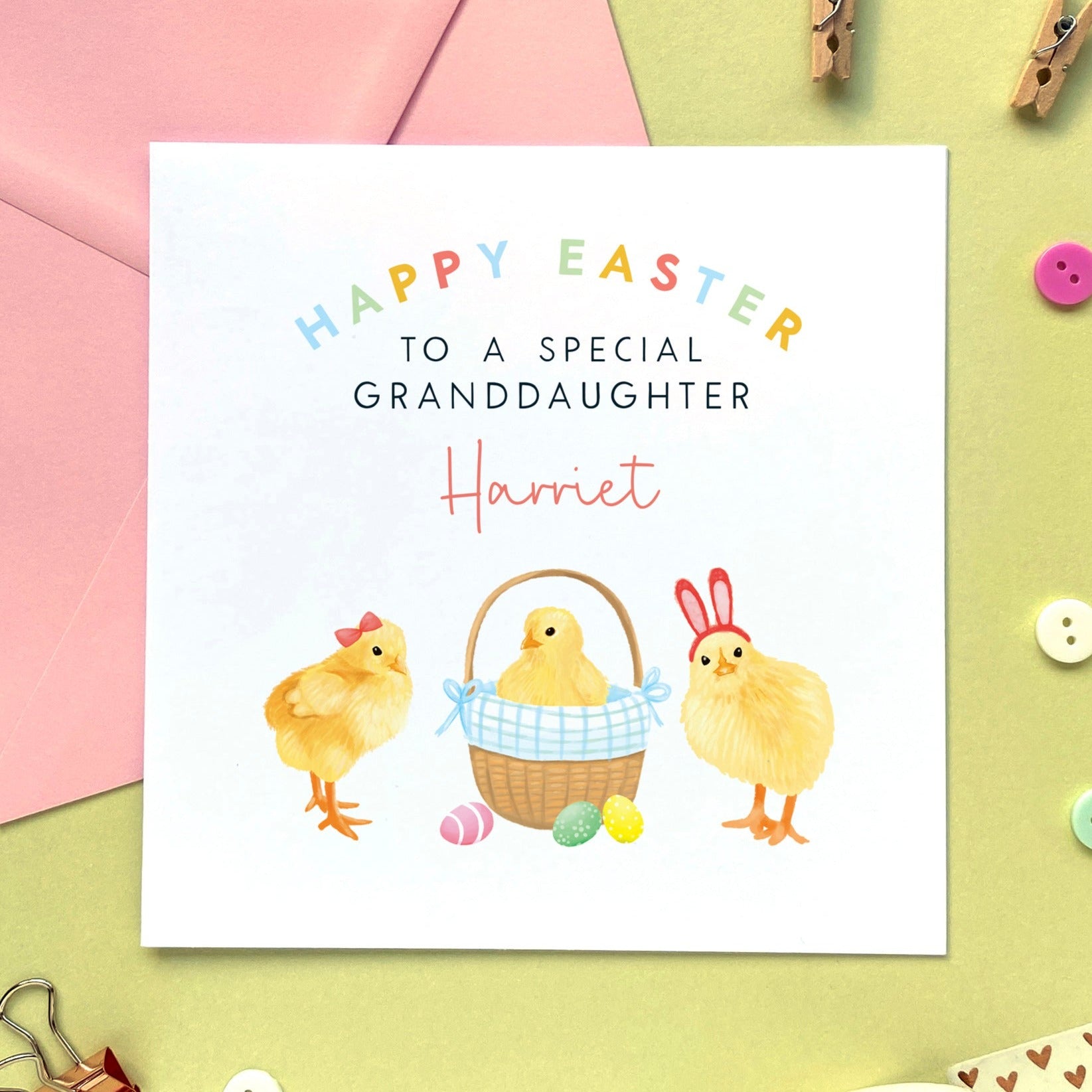 personalised chicks easter card for girl - baby's first easter card, easter card for baby, easter card for   daughter, granddaughter, niece, sister, cousin, children, child, baby, goddaughter, girls, little girl