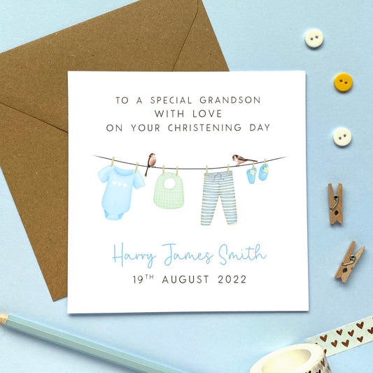 personalised christening card for boy - for special grandson, godson, great grandson, son, nephew, little boy - name, special, unique, handmade, baby boy, baptism