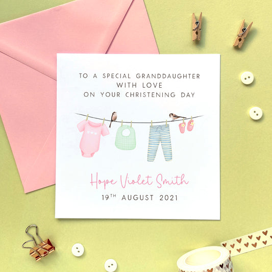 personalised christening card for girl - to a special granddaughter, daughter, goddaughter, great granddaughter, niece, little girl, daughter - pink, special, unique, handmade, with love on your christening day card, baby