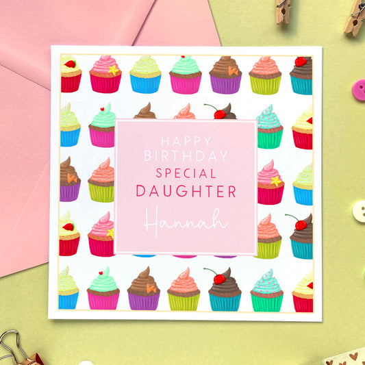 personalised cupcakes birthday card for her - special daughter - granddaughter, niece, girl, her, teenager, sister, sister in law, daughter in law, friend - 16th, 18th, 21st, 30th, 40th - birthday card for teenage girl - cake, baking, baker - cute, colourful, special, unique, handmade