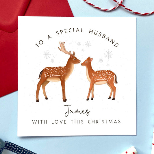 personalised deer christmas card for partner - him, her, man, lady, husband, wife, fiance, fiancee, girlfriend, boyfriend - special, handmade, romantic, cute, reindeer, animal - special husband christmas card