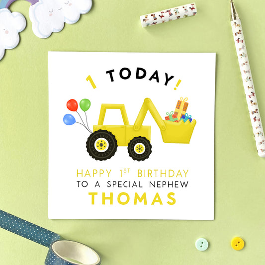 personalised yellow digger children's 1st birthday card for boy grandson son