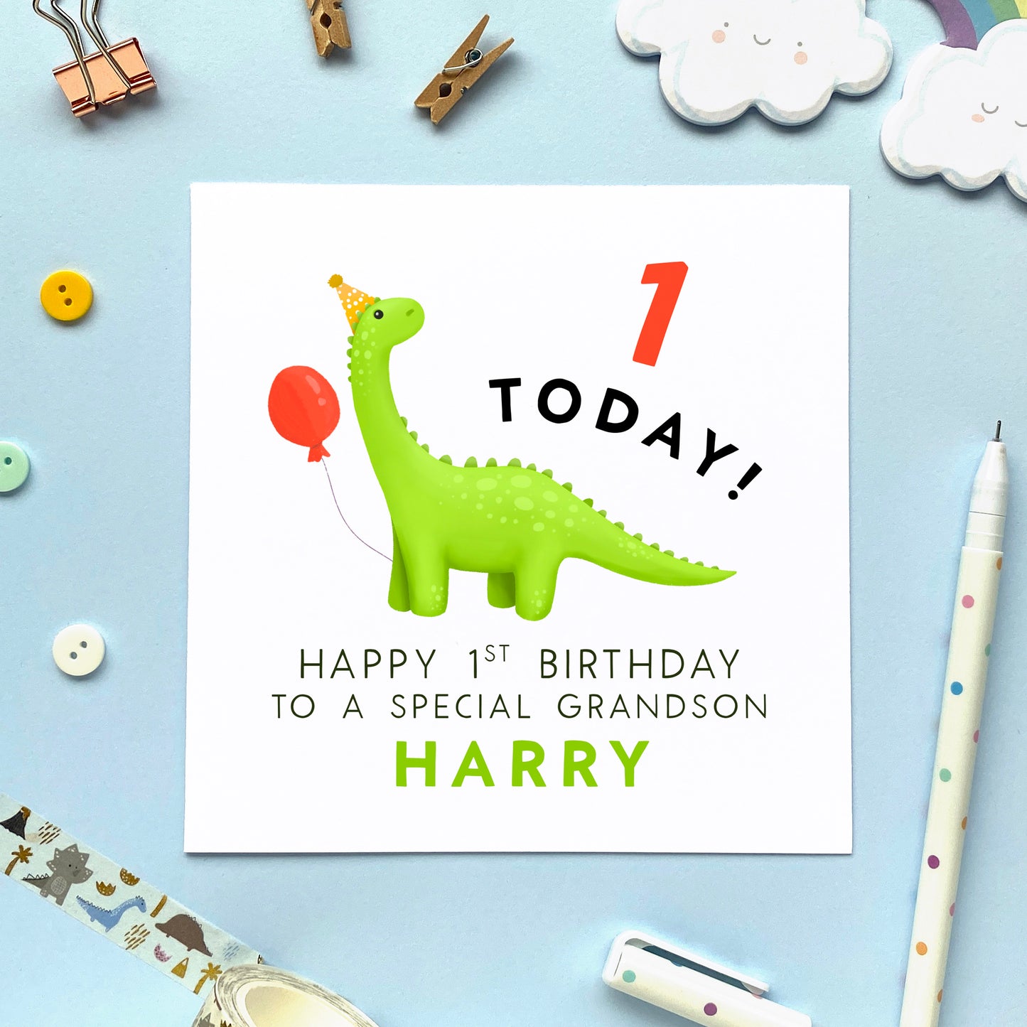 personalised dinosaur 1st birthday card for boy - baby, children, kids, son, grandson, nephew, godson, little boy - cute, special, handmade, name - 1 today - first birthday card 