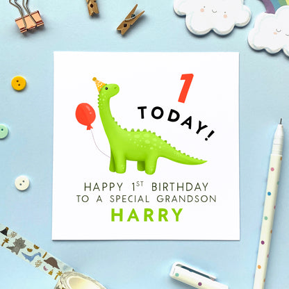 personalised dinosaur 1st birthday card for boy - baby, children, kids, son, grandson, nephew, godson, little boy - cute, special, handmade, name - 1 today - first birthday card 