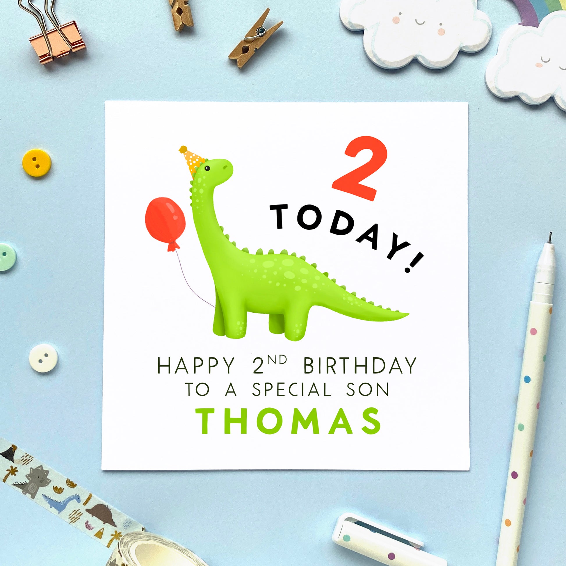 personalised dinosaur 2nd birthday card for boy - baby, children, kids, son, grandson, nephew, godson, little boy - cute, special, handmade, name - 2 today - second birthday card 