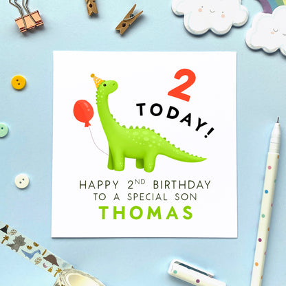 personalised dinosaur 2nd birthday card for boy - baby, children, kids, son, grandson, nephew, godson, little boy - cute, special, handmade, name - 2 today - second birthday card 