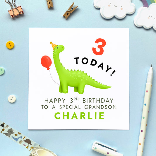 personalised dinosaur 3rd birthday card for boy - baby, children, kids, son, grandson, nephew, godson, little boy - cute, special, handmade, name - 3 today - third birthday card 