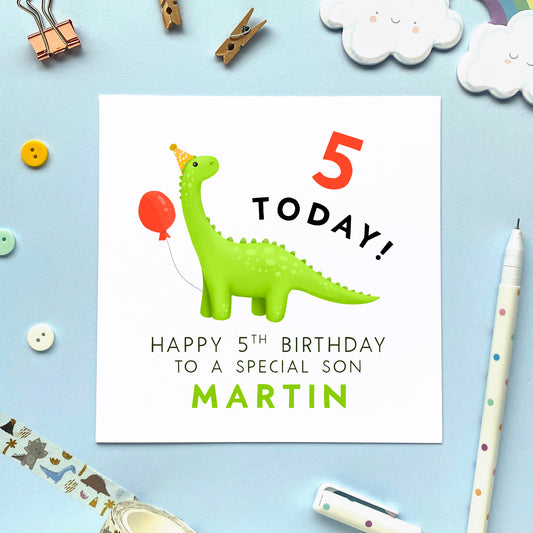 personalised dinosaur 5th birthday card for boy - baby, children, kids, son, grandson, nephew, godson, little boy - cute, special, handmade, name - 5 today - fifth birthday card 