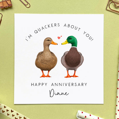 personalised duck anniversary card - for him, her, husband, wife, partner, fiance, fiancee, boyfriend, girlfriend - cute, funny, special, pun, punny - I'm quackers about you