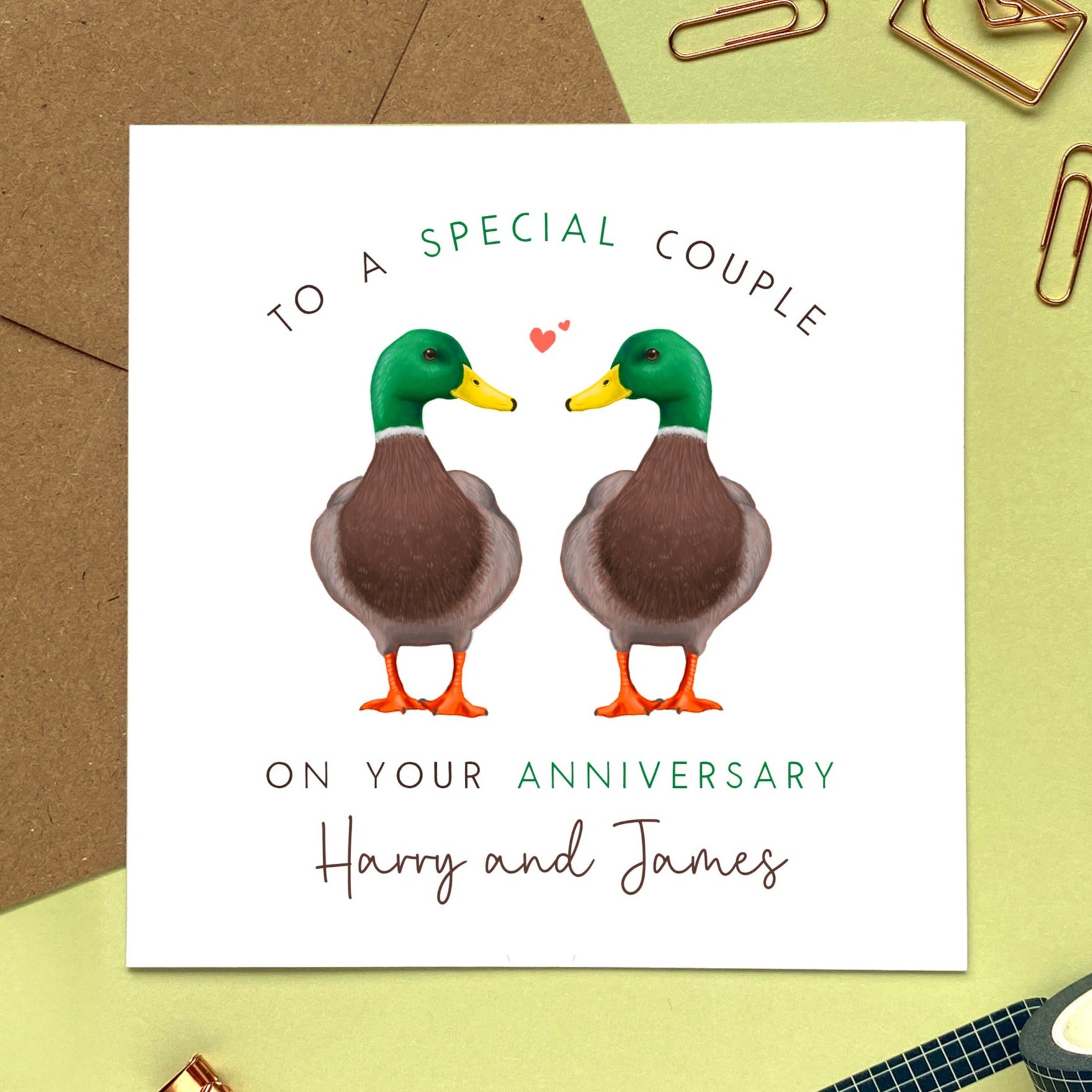 personalised duck anniversary card for gay couple - two men, both male, male friends - anniversary card for son and husband - son and son-in-law - son and partner - grandson, nephew, cousin, male friends, gay friends