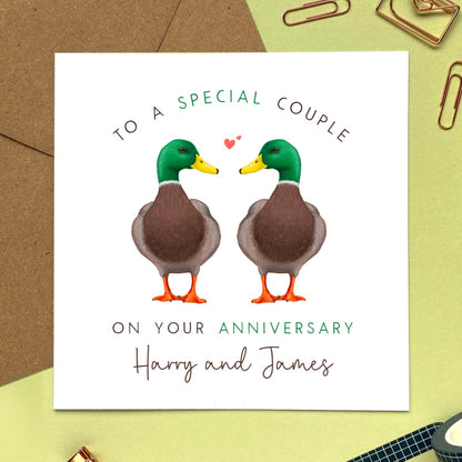 personalised duck anniversary card for gay couple - two men, both male, male friends - anniversary card for son and husband - son and son-in-law - son and partner - grandson, nephew, cousin, male friends, gay friends
