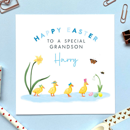 personalised ducklings easter card for boy - easter card for grandson, easter card for son, nephew, brother, little boy, child, baby, children, kids, ducks, cute, handmade, happy easter card, easter card for baby, first easter card, daffodil, snowdrops, spring
