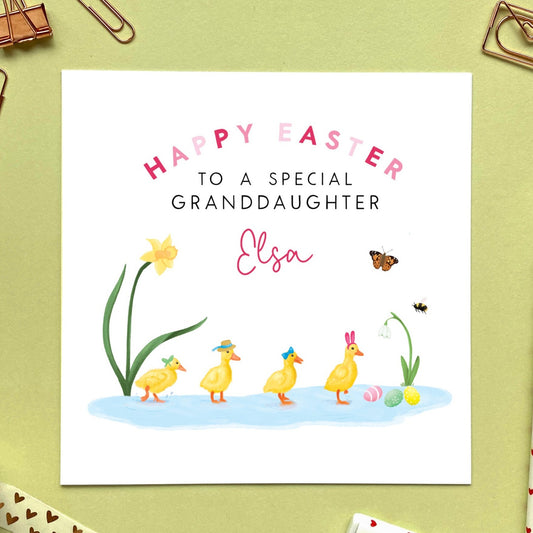 personalised ducklings easter card for girl - easter card for granddaughter, easter card for daughter, niece, baby, cousin, children, child, sister - easter card for little girl, ducklings ducks, daffodil, snowdrop