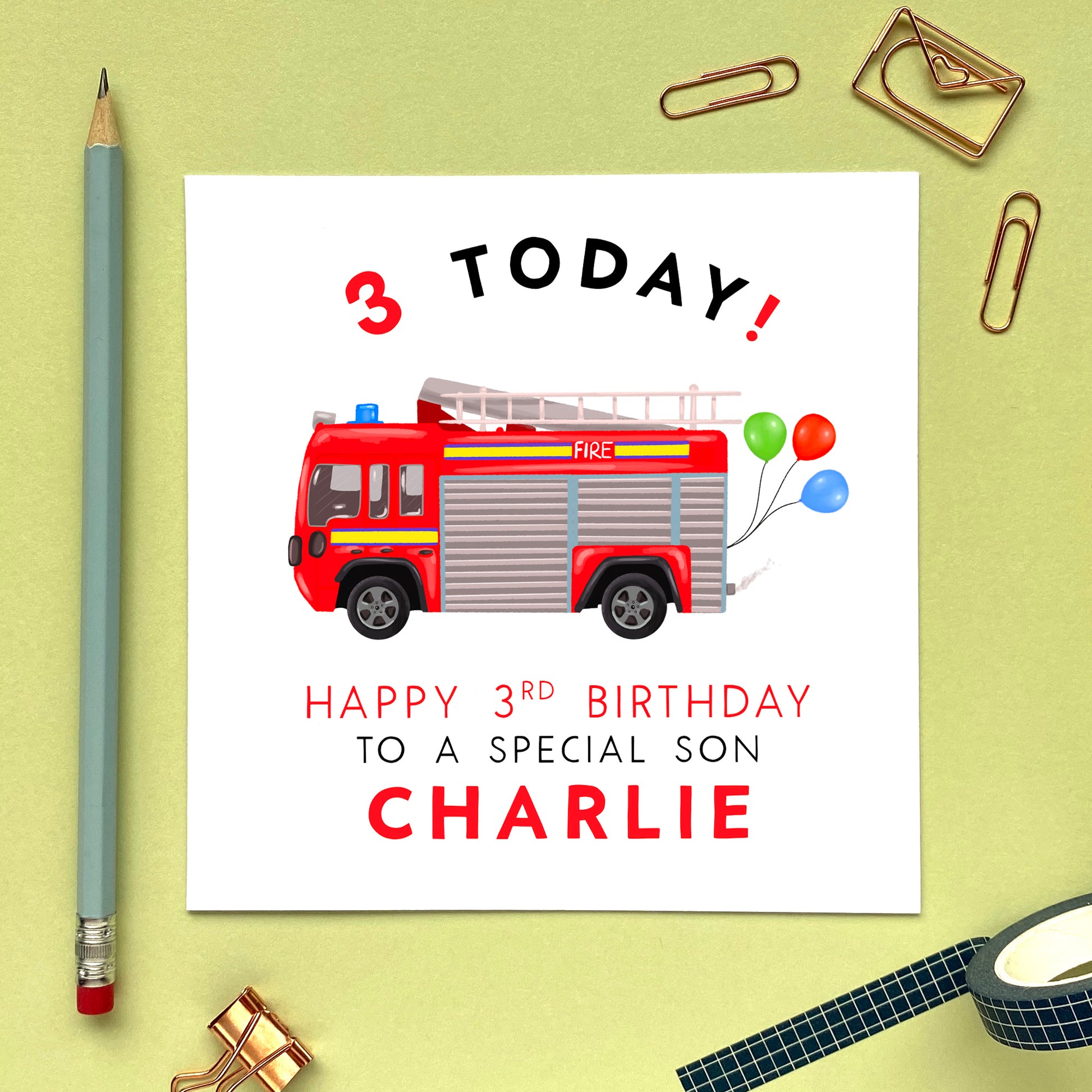 personalised fire engine 3rd birthday card for boy - little boy, son, grandson, nephew, cousin, godson, child, kids, children - special, handmade, firefighter, fire fighter, third birthday card