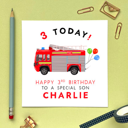 personalised fire engine 3rd birthday card for boy - little boy, son, grandson, nephew, cousin, godson, child, kids, children - special, handmade, firefighter, fire fighter, third birthday card