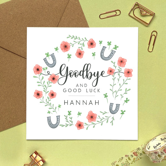 personalised goodbye and good luck card - leaving card for her - floral, cute, pretty, female colleague, lady, boss, girl - goodbye card, leaving card, sorry to see you go card, new job card, good luck card