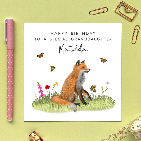 personalised fox birthday card for her - flowers, floral, butterflies, british wildlife, garden - for girl, lady, female, mum, daughter, granddaughter, niece, grandma, gran - 18th 21st 30th 40th 50th