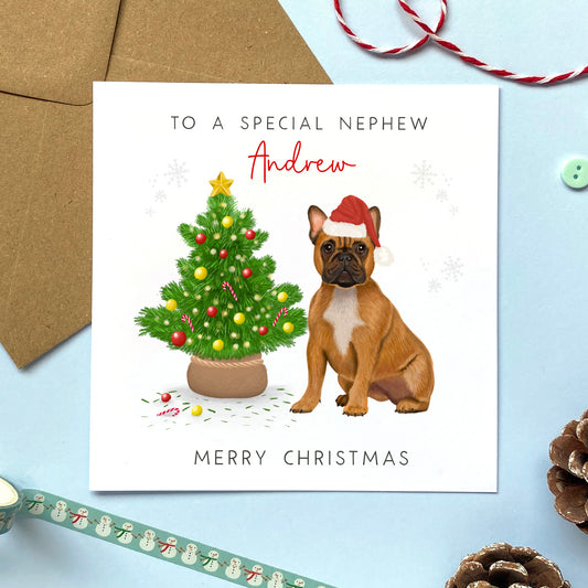 personalised french bulldog christmas card - dog christmas card - for son, grandson, nephew, daughter, granddaughter, niece, mum, dad, brother, sister, french bull dog christmas card, tan french bulldog