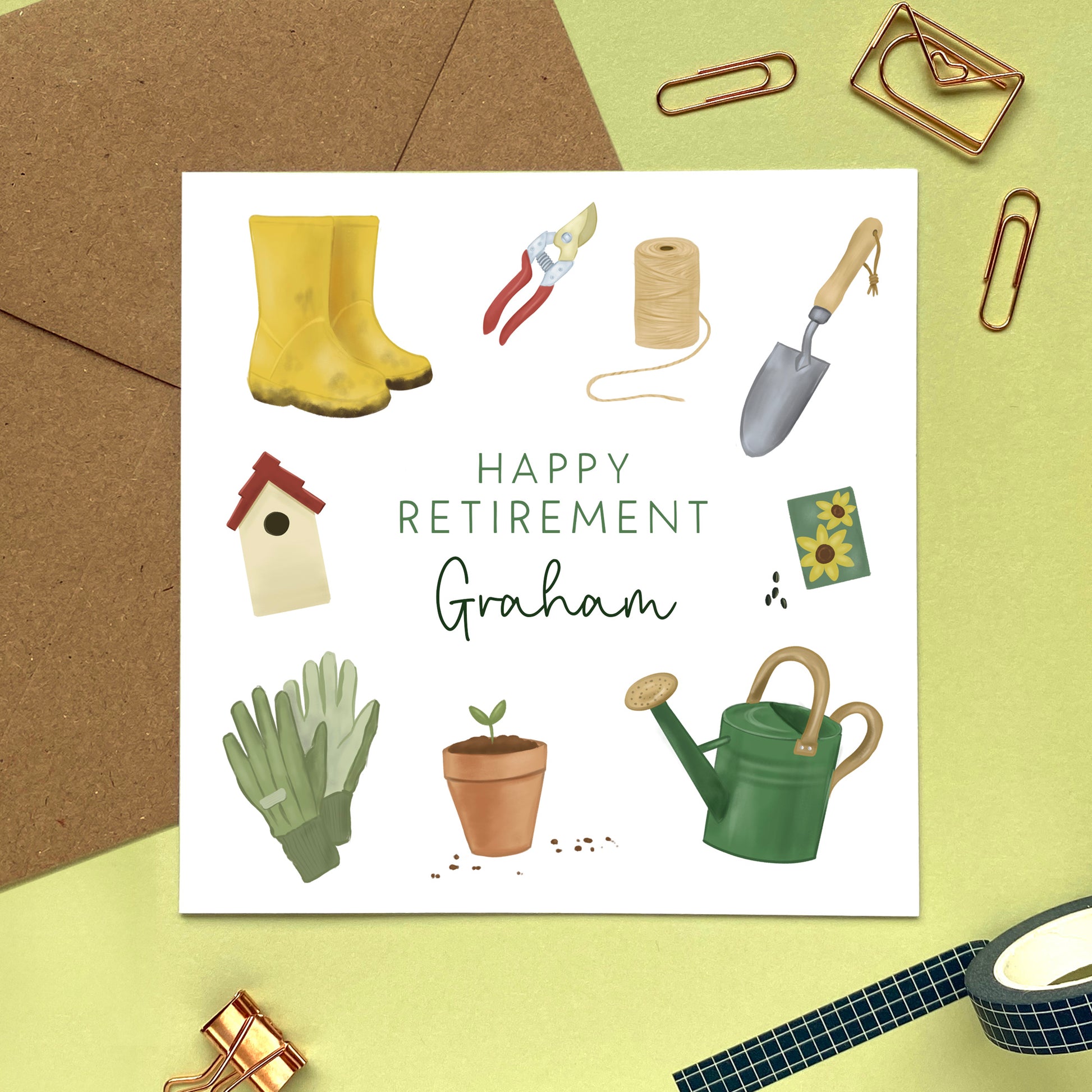 personalised gardening retirement card - happy retirement card - for dad, grandad, grandpa, uncle, him, man, male friend - gardener, garden themed, garden tools, special, handmade, uk, leaving card, goodbye card
