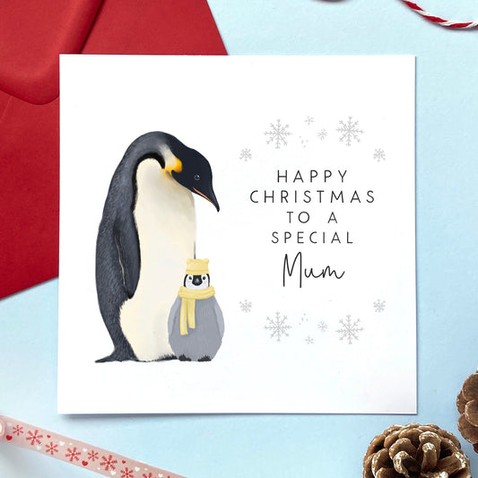 personalised penguins christmas card for mum - for mummy, mommy, mama, mam, mother, mom - christmas card for special mum - from baby, son, daughter - cute, handmade