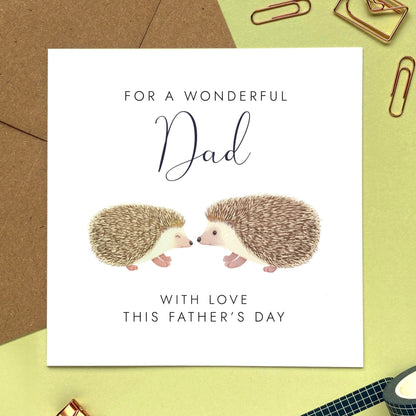 personalised hedgehogs fathers day card - for a wonderful dad, daddy, dada, father, grandad, grandpa, grandfather, british wildlife, unique, special, cute, animals, son, daughter, grandson, granddaughter, boy, girl, with love this father's day card