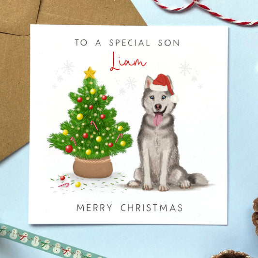 personalised siberian husky christmas card - husky dog christmas card - wolf, animal, pet, dog dad, cute, handmade, special, unique - for him, son, grandson, nephew, uncle, brother, son in law
