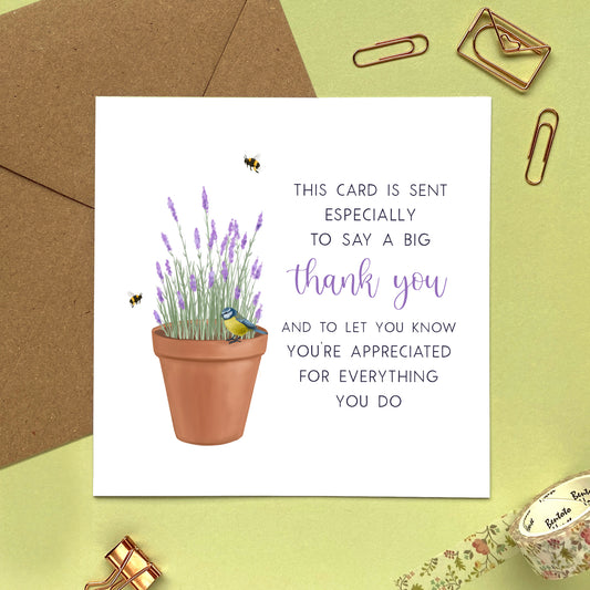 special thank you card - this card is sent especially to say a big thank you, and to let you know you're appreciated for everything you do - floral, lavender, flowers - birthday gifts, wedding presents, mum, dad, mom, gran, grandma, auntie, sister, friend, family, teacher, doctor, nurses