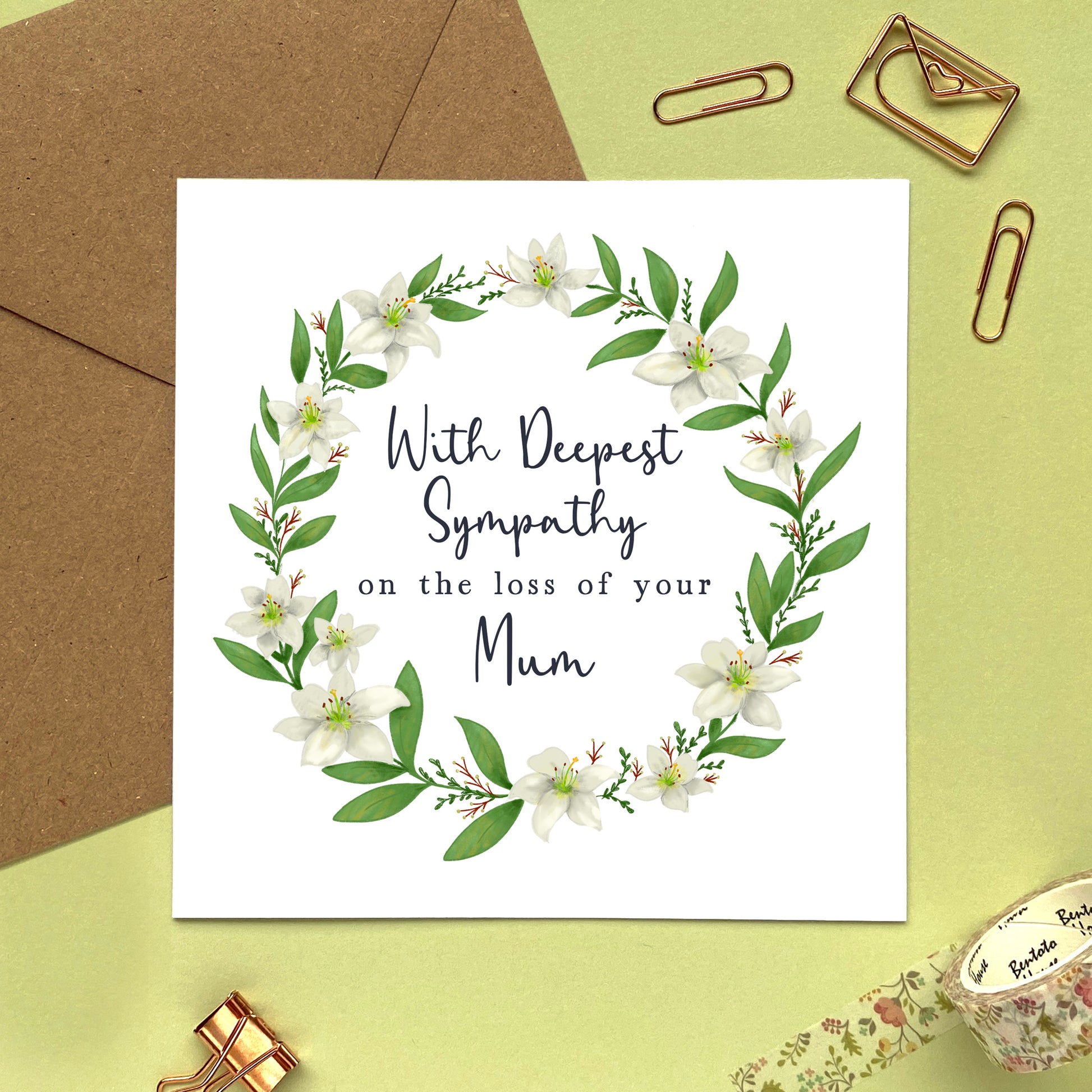 personalised lily wreath sympathy card - for loss of husband, wife, mum, dad, partner, grandparent, gran, grandad, grandma, grandpa, nan - for him, her, friend, with deepest sympathy, sorry for your loss