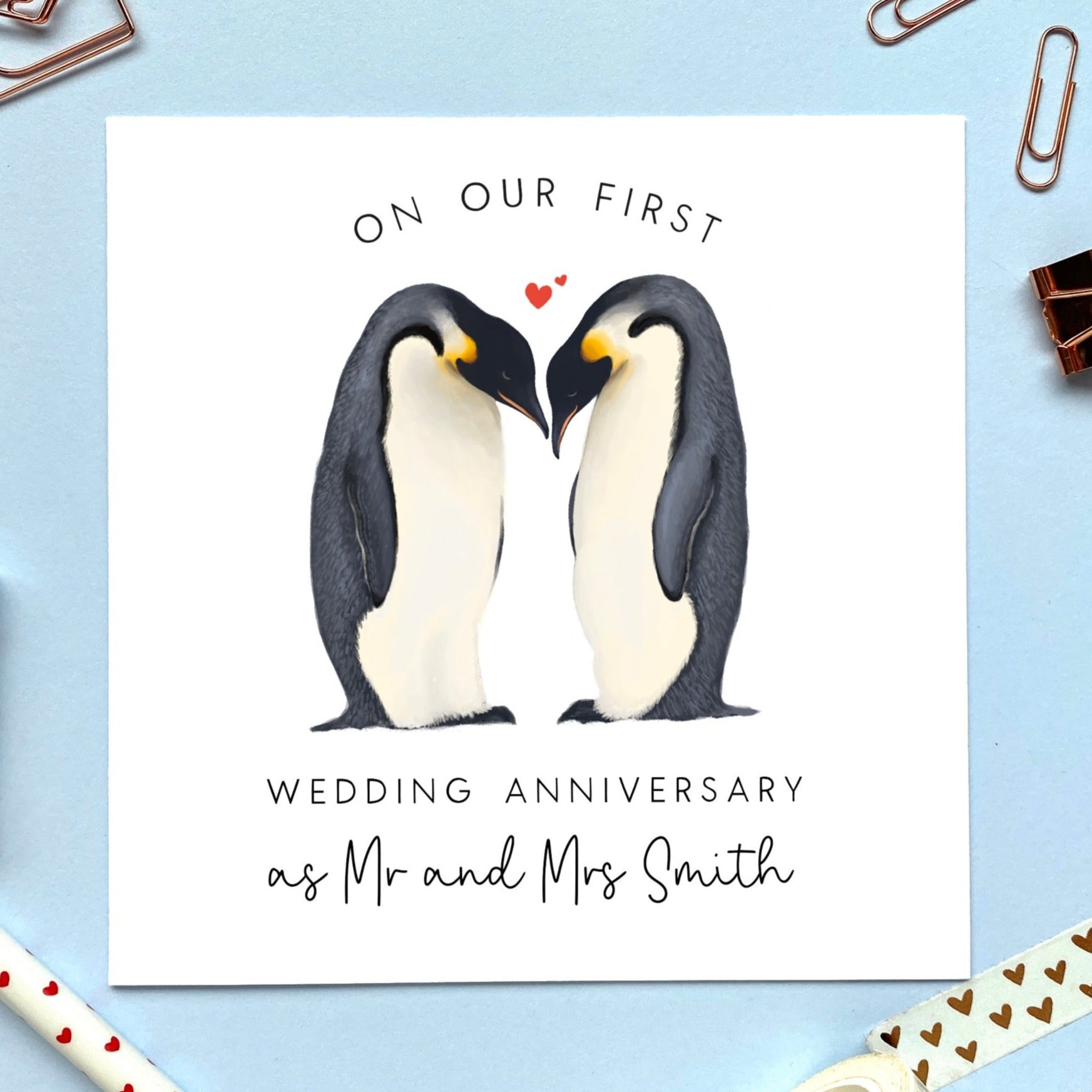 personalised penguin first wedding anniversary card - 1st anniversary as mr and mrs, as married couple, as husband and wife, paper anniversary - for husband, wife - romantic, unique, special - mr and mr wedding anniversary, mrs and mrs wedding anniversary, gay unisex lesbian