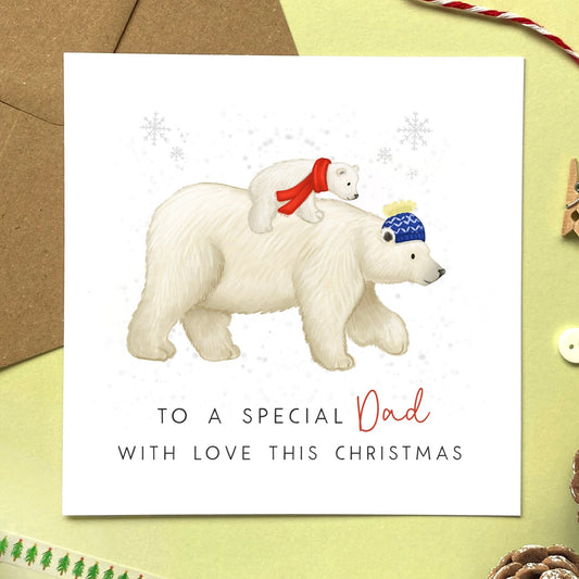 personalised polar bear christmas card for dad - to a special dad, to a special daddy, to a special dada - from son, daughter, girl, boy - special christmas card for dad