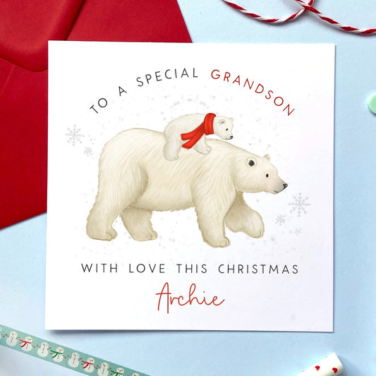 personalised polar bear christmas card - for children, kids, baby, toddler, little - son, daughter, grandson, granddaughter, niece, nephew, girl, boy, sister, brother - special, cute, animal, unique, xmas