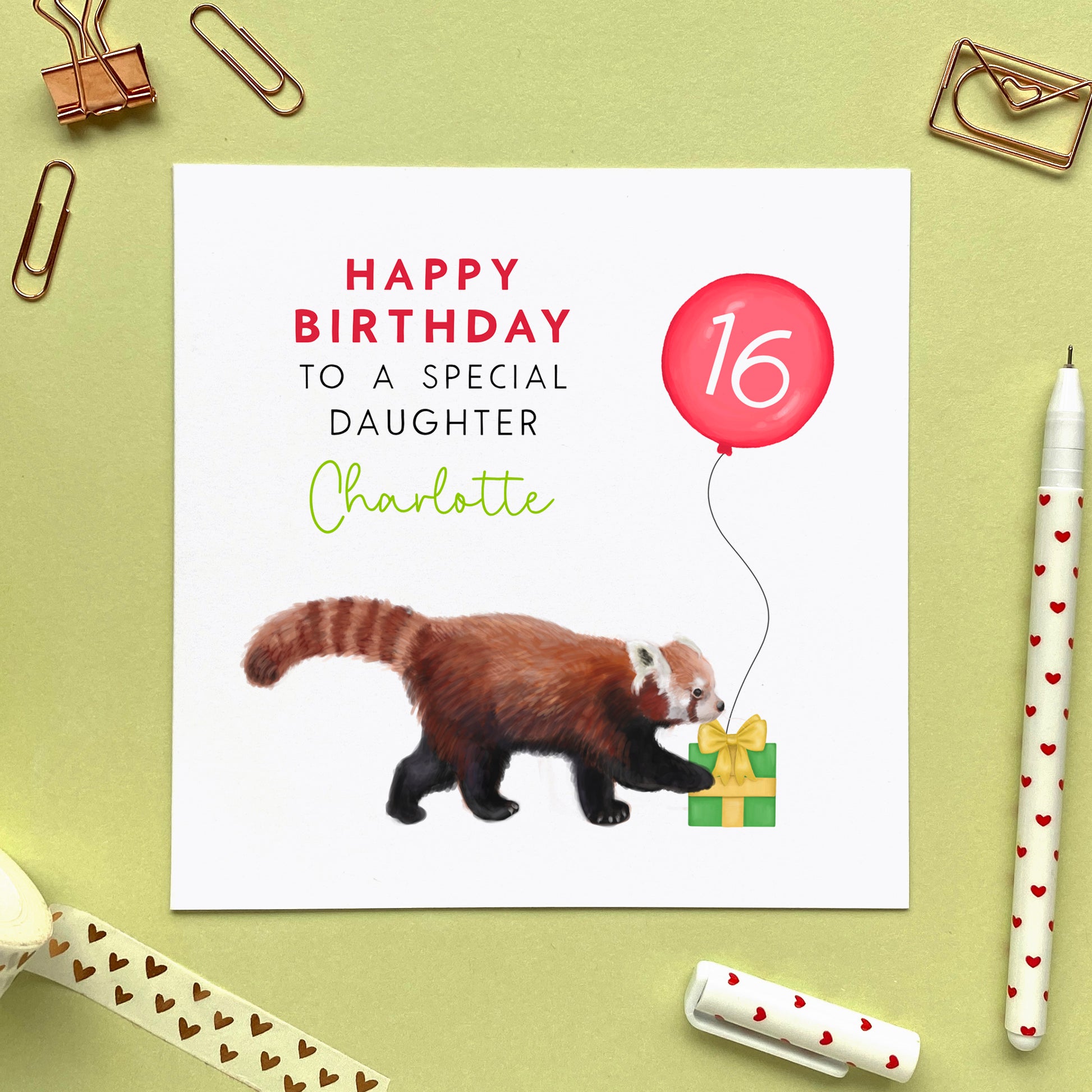 personalised red panda any age birthday card for her - daughter, granddaughter, sister, niece, kids, children, great granddaughter - 10th, 13th, 16th, 18th, 21st, teenager, girl