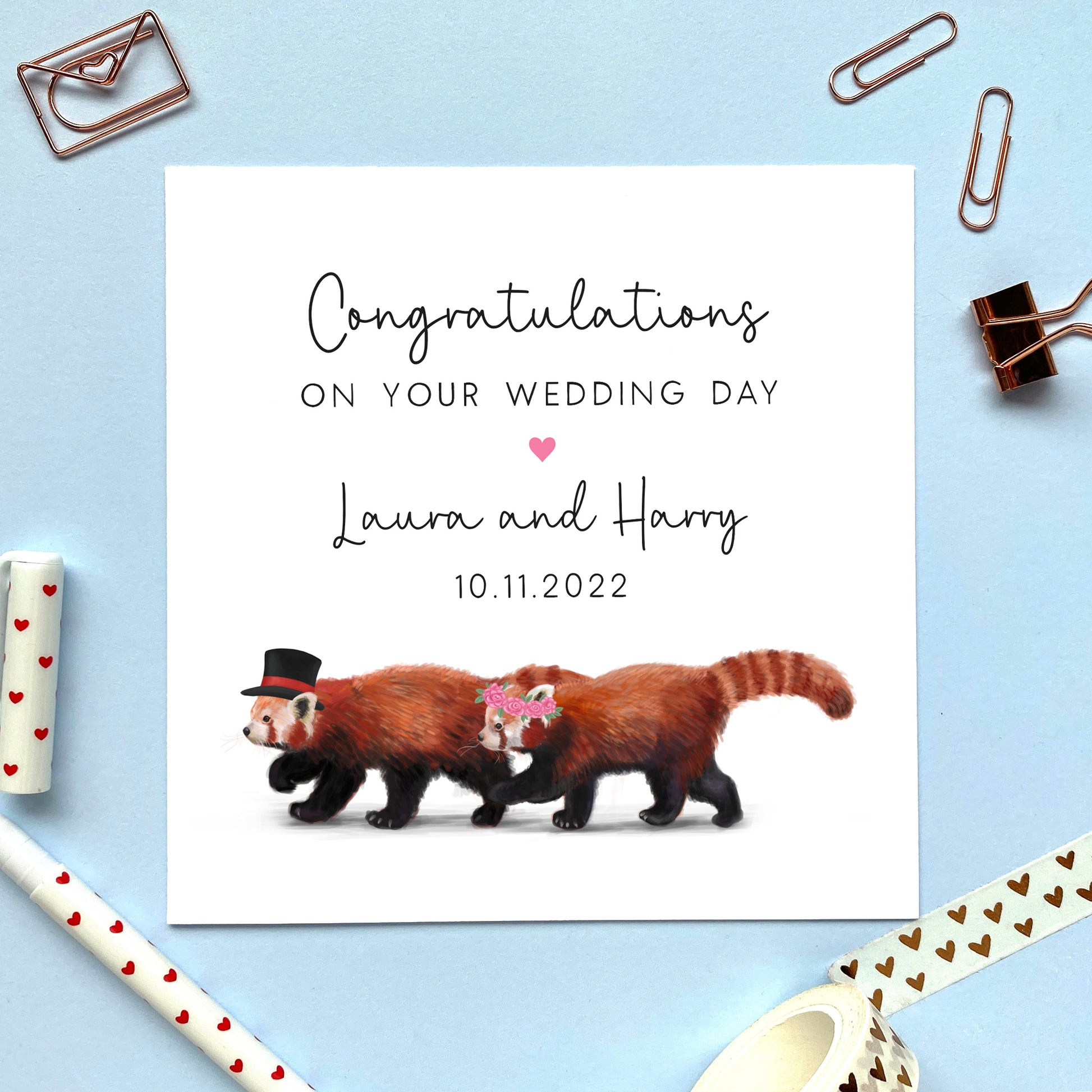 personalised red panda mr and mrs wedding card just married, congratulations on your wedding day card, for a special couple, son and wife, daughter and husband, grandson, granddaughter, niece, nephew