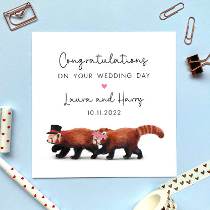 personalised red panda mr and mrs wedding card just married, congratulations on your wedding day card, for a special couple, son and wife, daughter and husband, grandson, granddaughter, niece, nephew