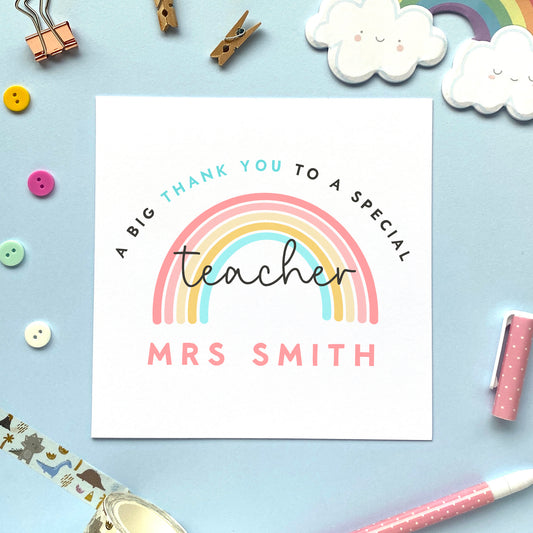 personalised pastel rainbow thank you teacher card - special, handmade, cute, from boy, girl, student, teaching staff, classroom assistant, for a special teacher, him, her, male, female, end of term, leaving school