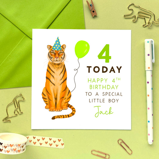 personalised tiger 4th birthday card - for girl, boy, kids, children, baby - son, grandson, nephew, brother, daughter, granddaughter, niece, sister - special, animal, zoo, cute - personalised fourth birthday card