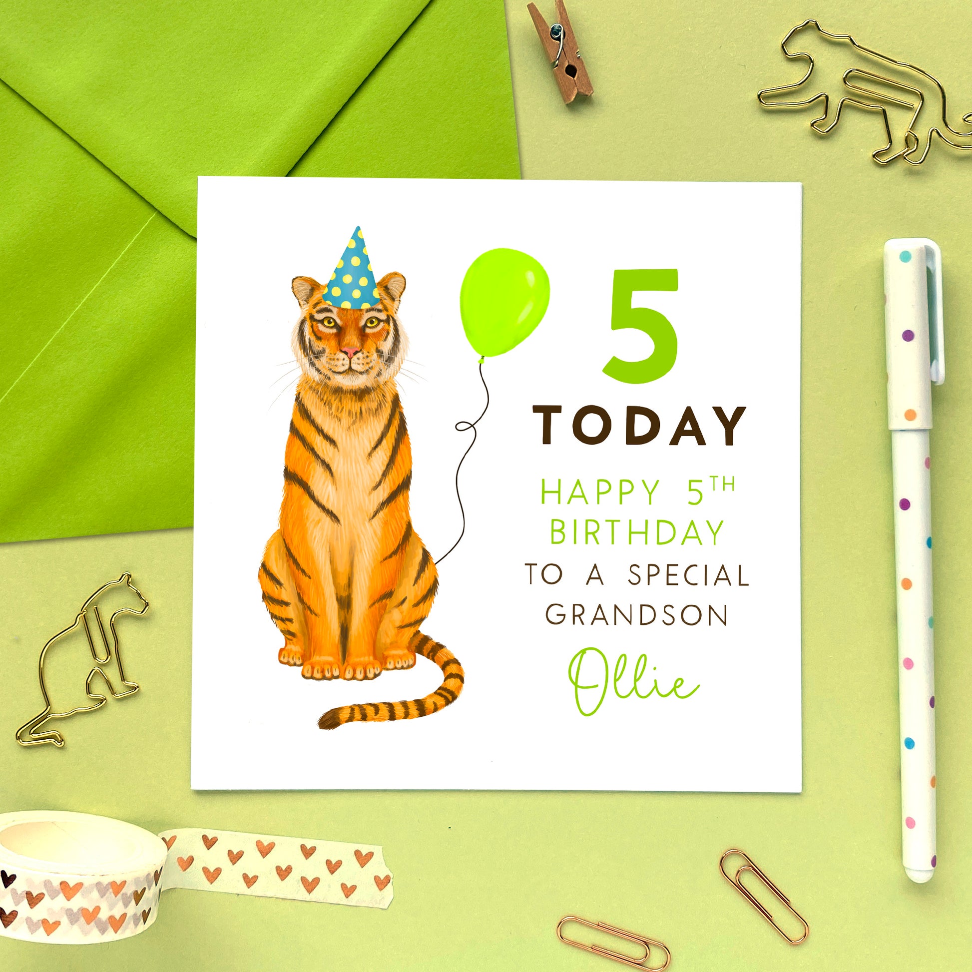 personalised tiger 5th birthday card - for girl, boy, kids, children, baby - son, grandson, nephew, brother, daughter, granddaughter, niece, sister - special, animal, zoo, cute - fifth birthday card