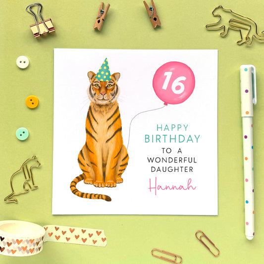 personalised tiger birthday card for her daughter granddaughter niece sister girl teenager 10th 16th 18th 21st 30th